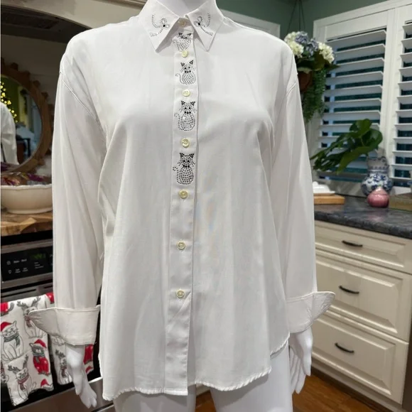 Christine Alexander Elegant White Cat and Bow Rhinestone Button Down Blouse M - Picture 5 of 13